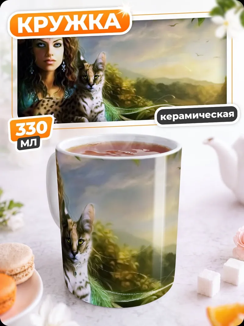 Кружка керамическая Лесная нимфа с котом