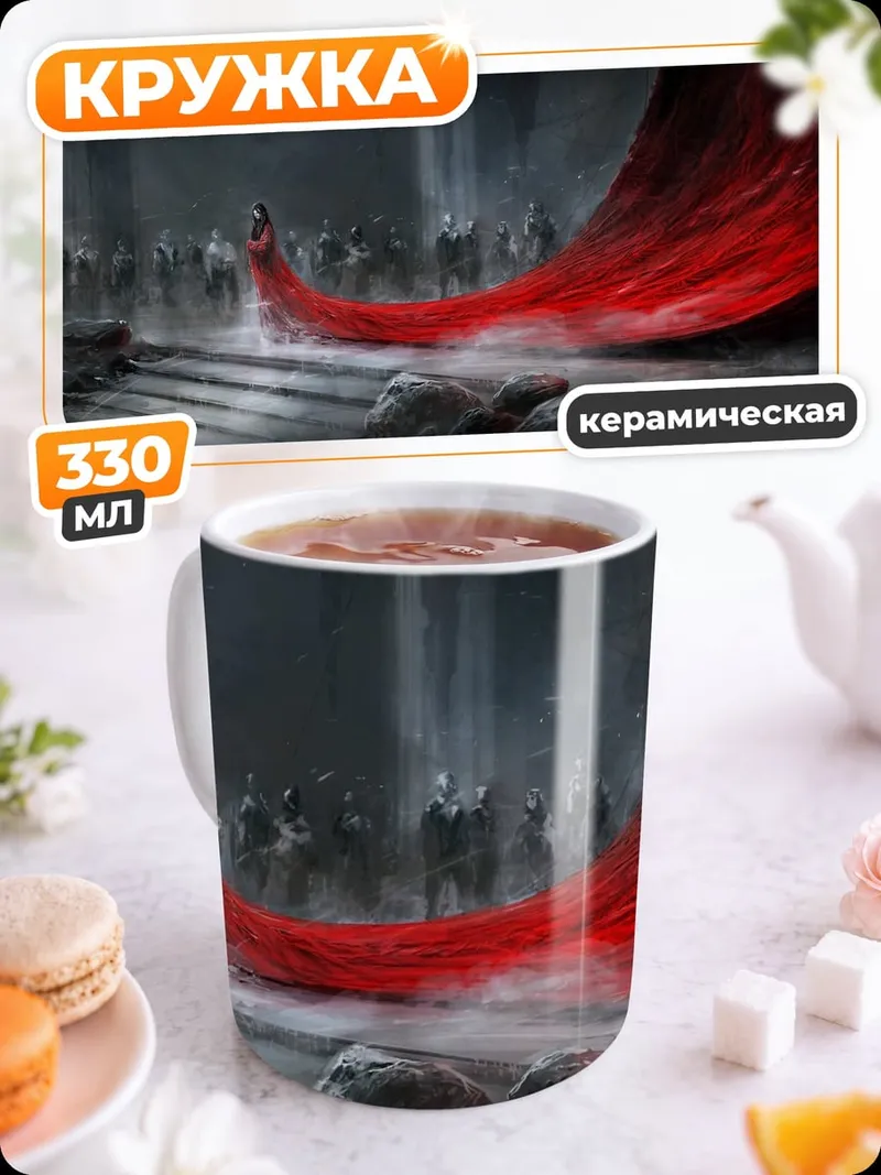 Кружка керамическая красный плащ в зале
