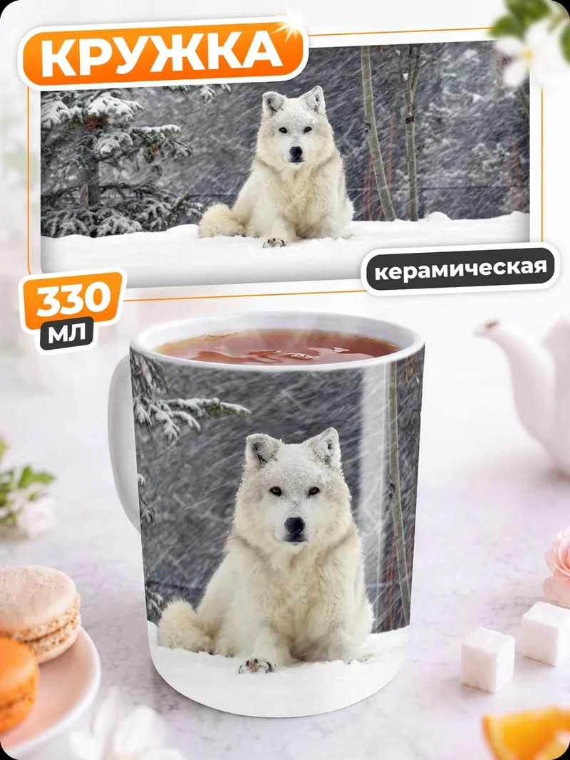 Кружка керамическая белый волк снег