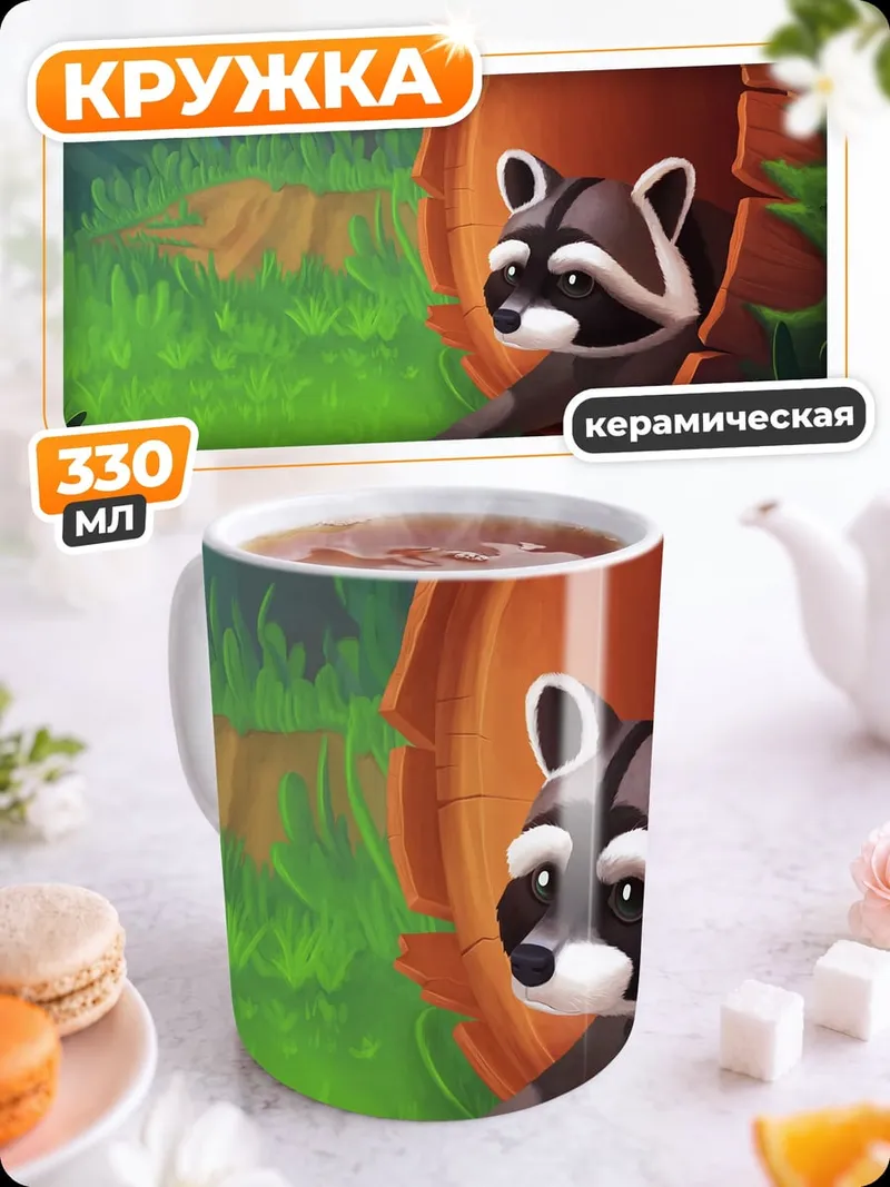 Кружка керамическая енот в дереве