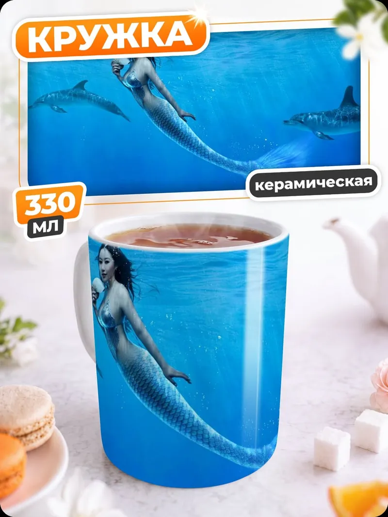 Кружка керамическая Русалка с дельфинами