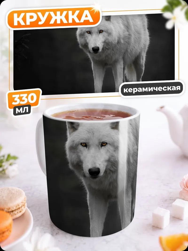 Кружка керамическая белый волк в лесу