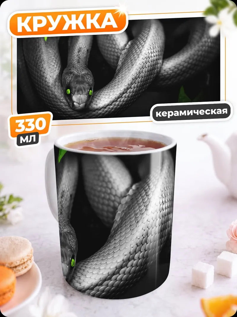 Кружка керамическая Змея с зелеными глазами
