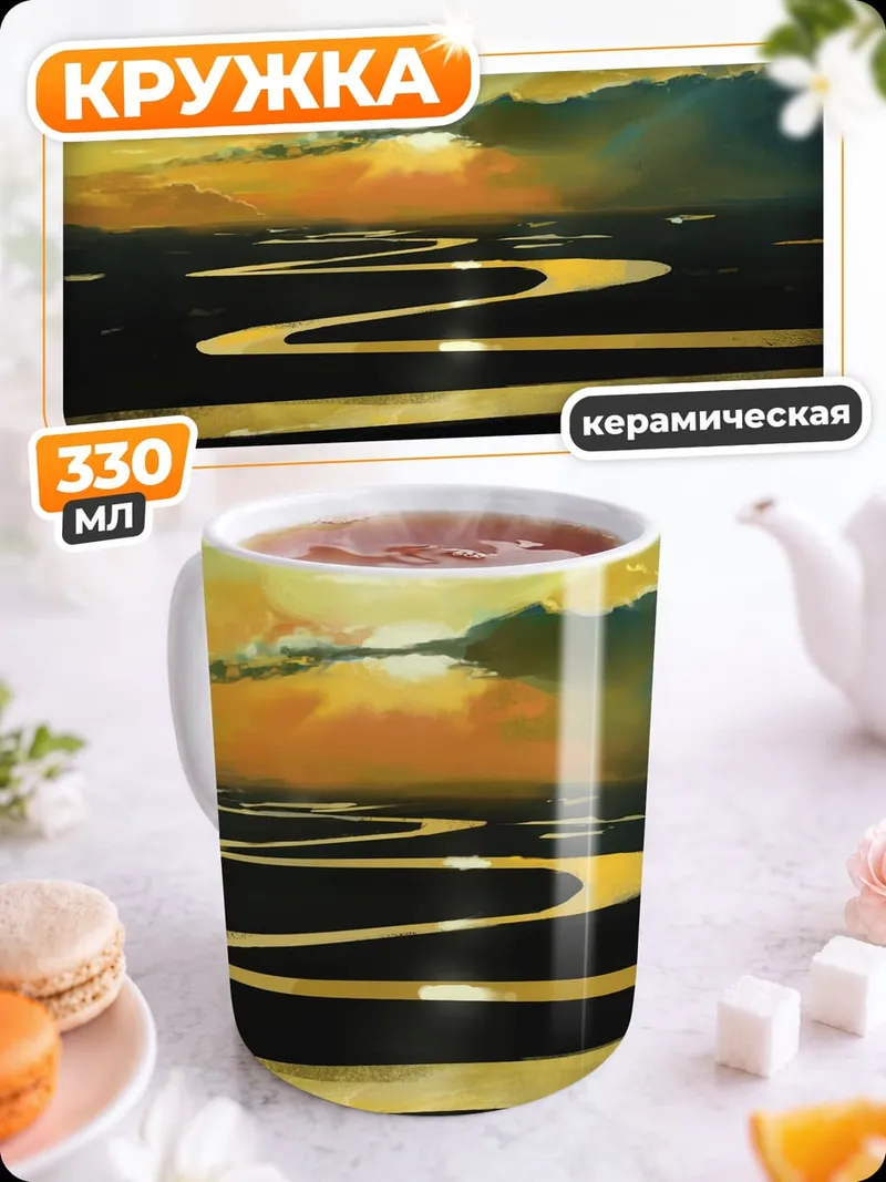 Кружка керамическая золотая река закат