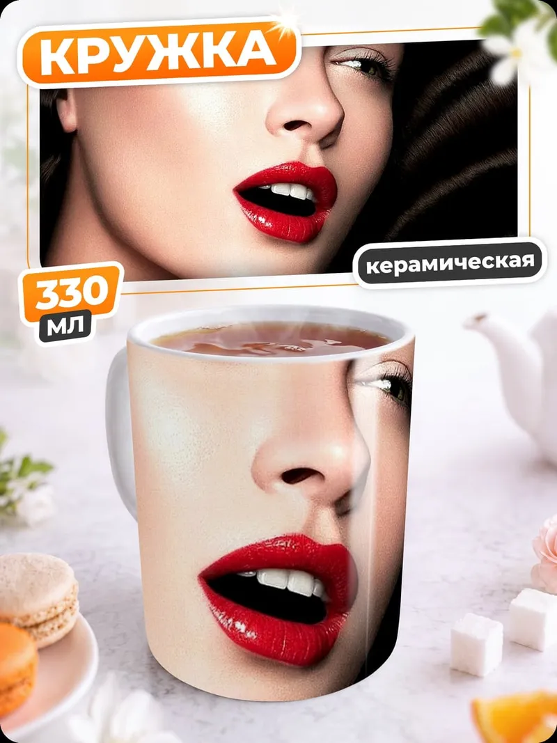 Кружка керамическая Красные губы крупным планом