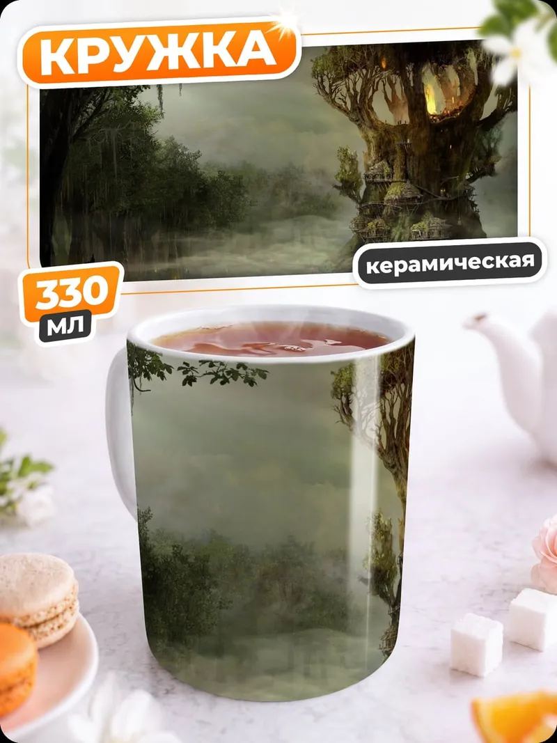 Кружка керамическая Дом на дереве в тумане