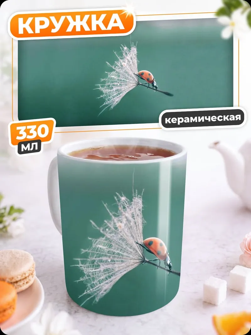 Кружка керамическая Божья коровка на одуванчике