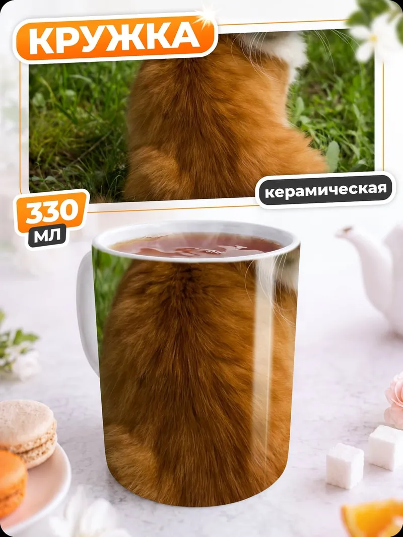 Кружка керамическая Рыжий кот на траве