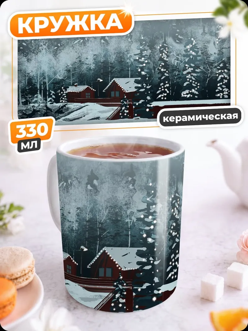 Кружка керамическая Зимний лес озеро