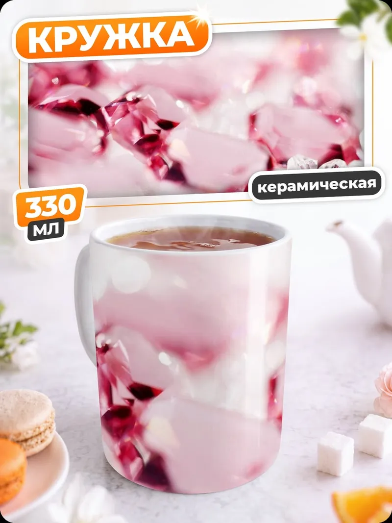 Кружка керамическая Розовые кристаллы на белом