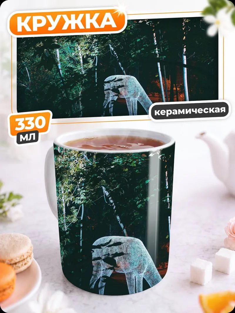 Кружка керамическая светящийся олень в лесу