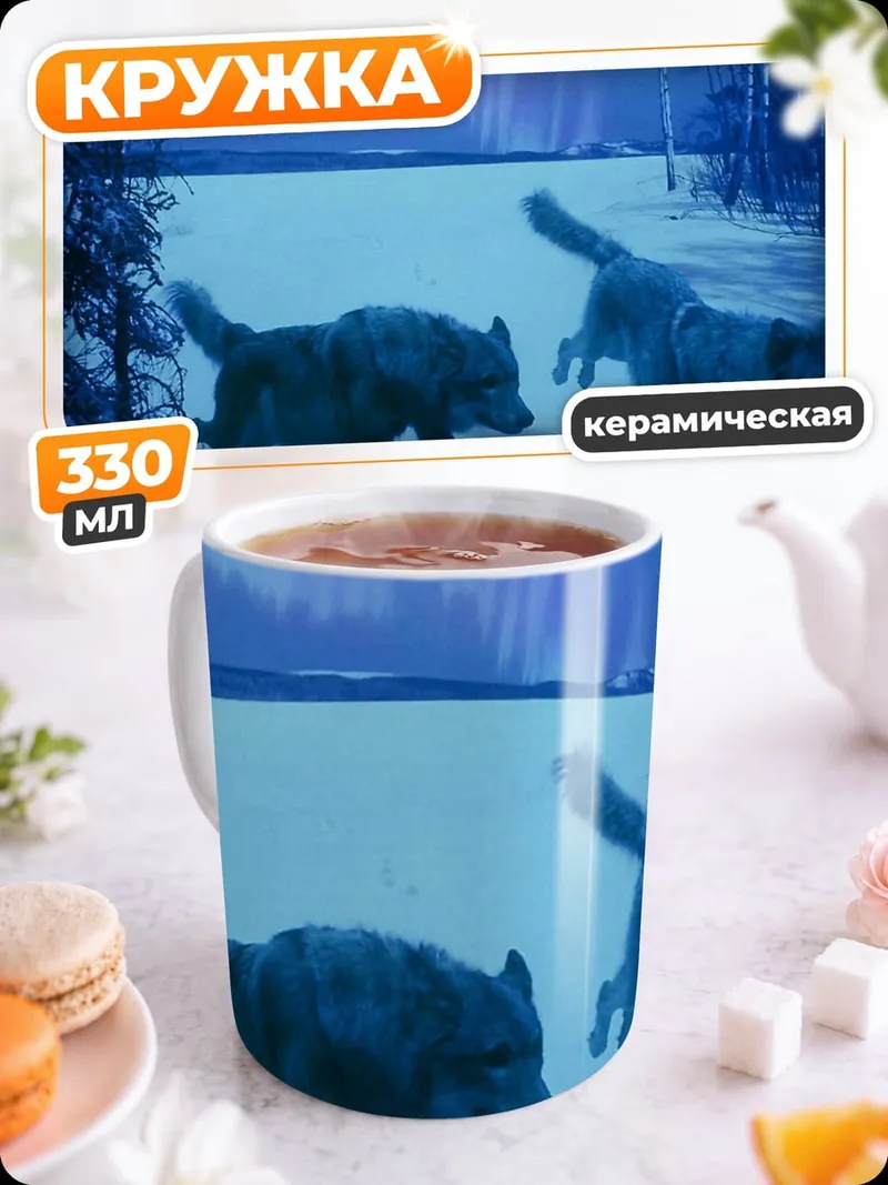 Кружка керамическая волки северное сияние