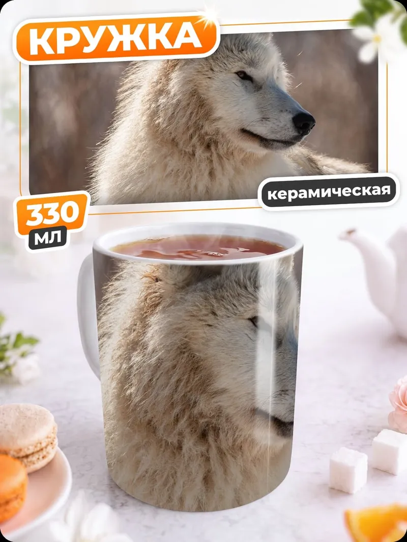 Кружка керамическая белый волк зимой