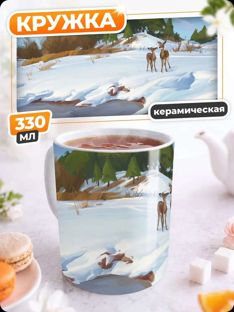 Кружка керамическая Зимний лес олени