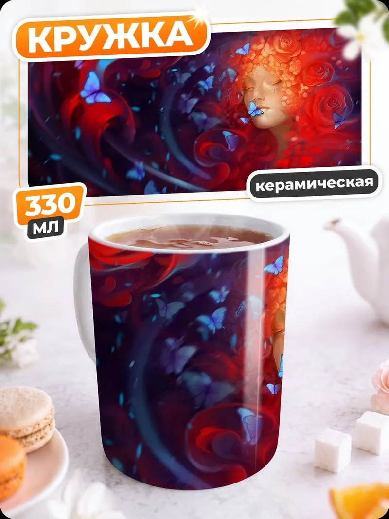 Кружка керамическая огненная женщина бабочки