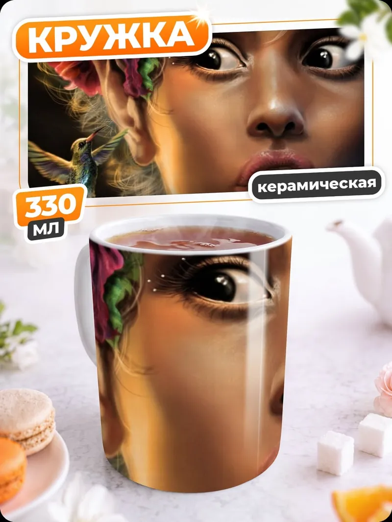 Кружка керамическая Удивленная женщина с птичкой