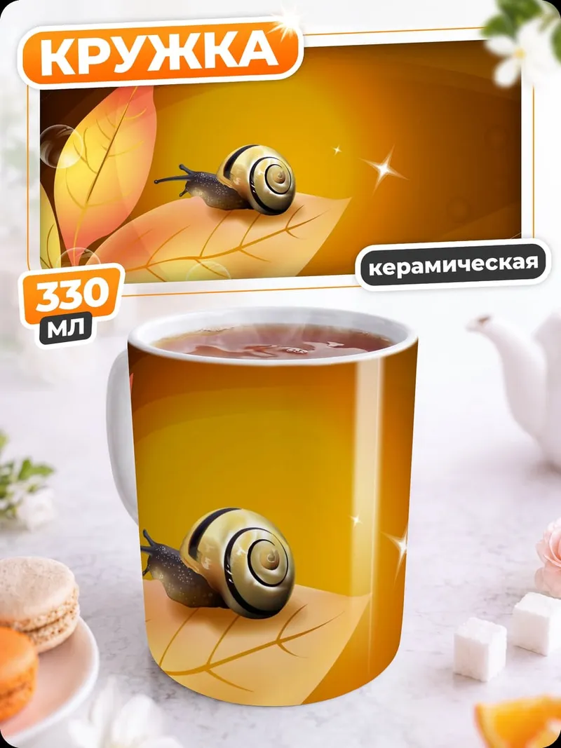 Кружка керамическая улитка на осенних листьях