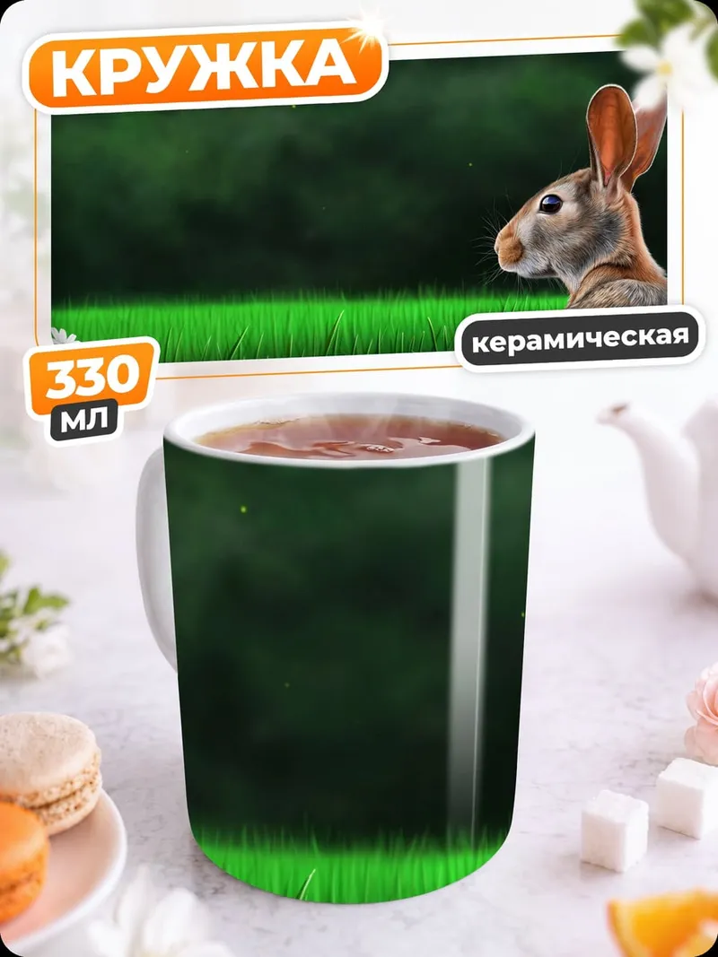 Кружка керамическая Заяц на зеленой поляне