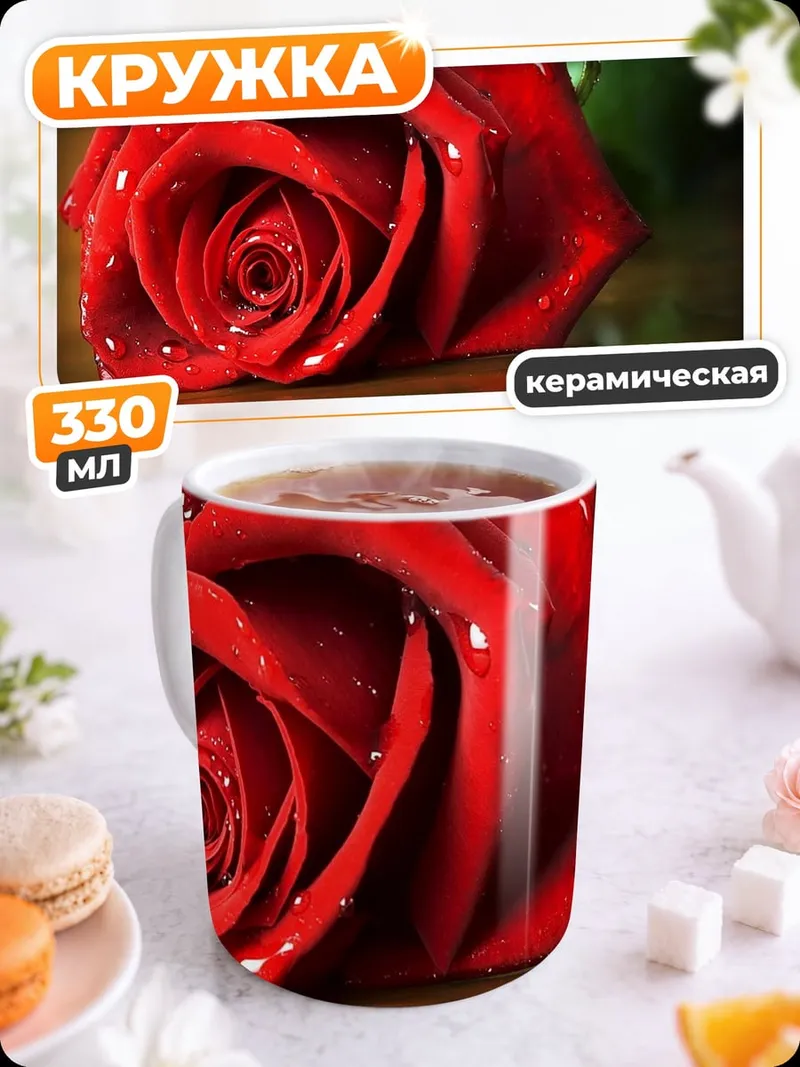 Кружка керамическая красная роза с каплями