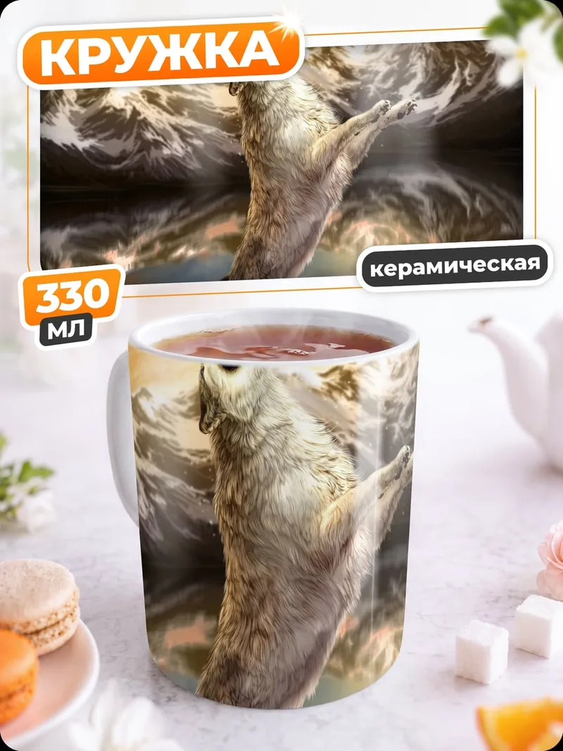 Кружка керамическая волк на горе