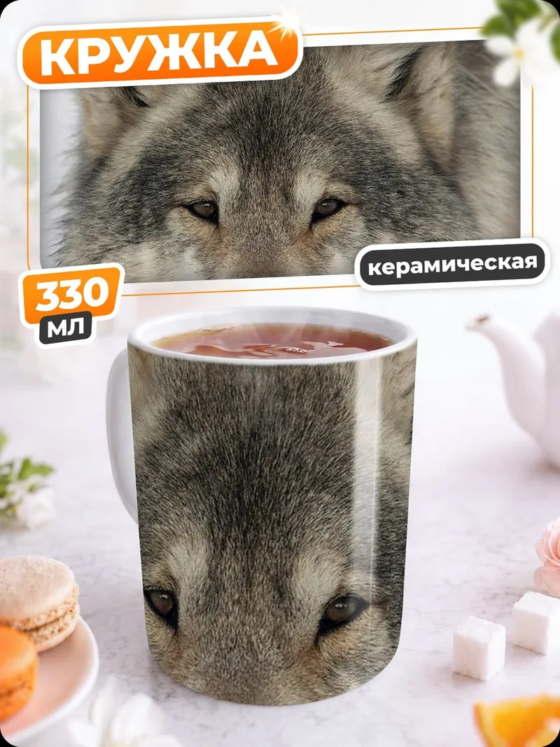 Кружка керамическая Волк лежит снег