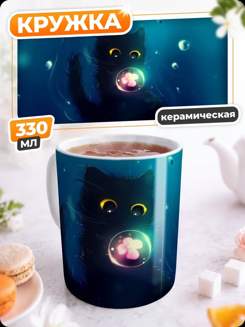Кружка керамическая чёрный кот пузырь