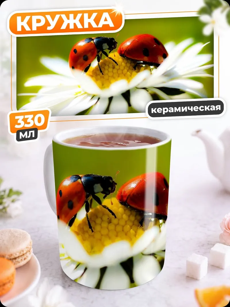 Кружка керамическая Божьи коровки цветок