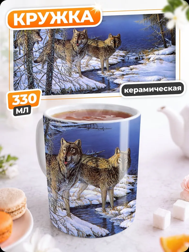 Кружка керамическая Волки зимний лес