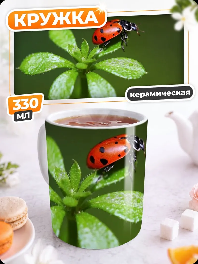 Кружка керамическая Божья коровка на листе