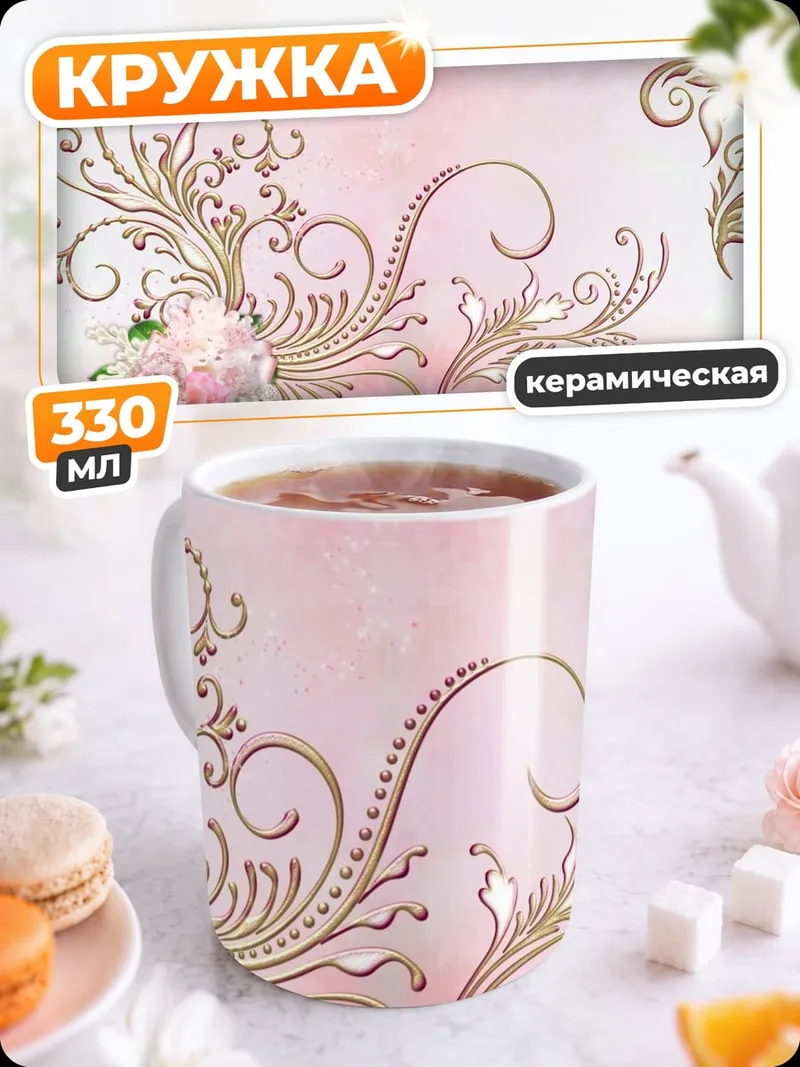 Кружка керамическая Розовые узоры с цветами