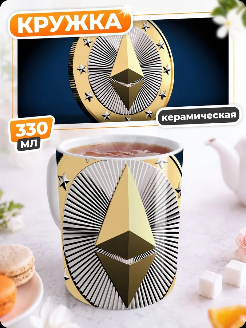 Кружка керамическая Монета Ethereum золотая