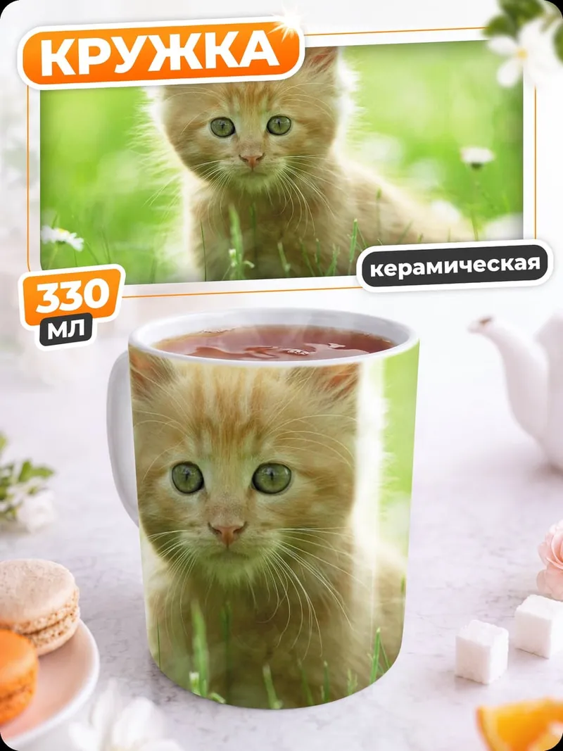 Кружка керамическая Рыжий котенок на лугу