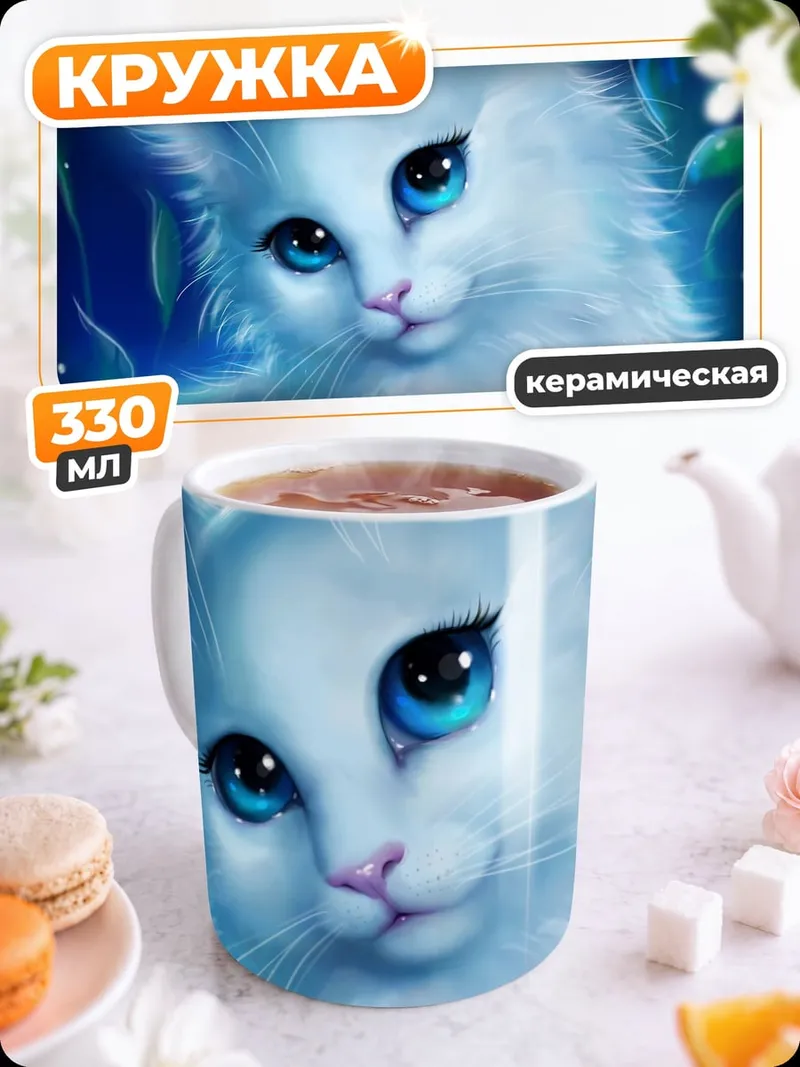 Кружка керамическая Белый кот в лесу