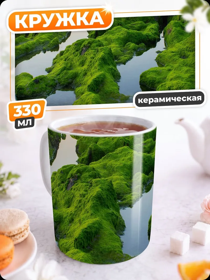 Кружка керамическая зеленые водоросли на камнях
