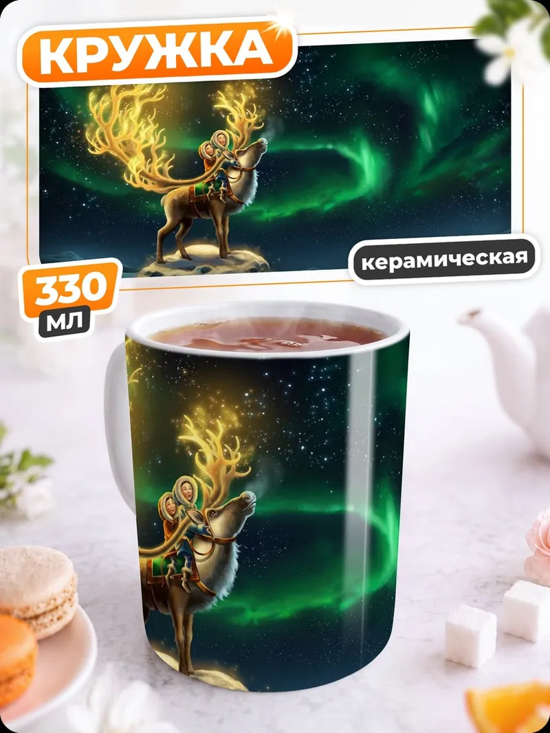 Кружка керамическая Олень северное сияние