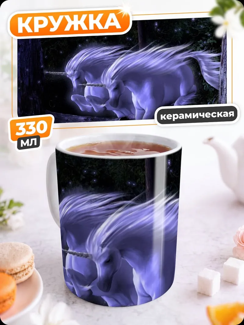 Кружка керамическая Два единорога в лесу