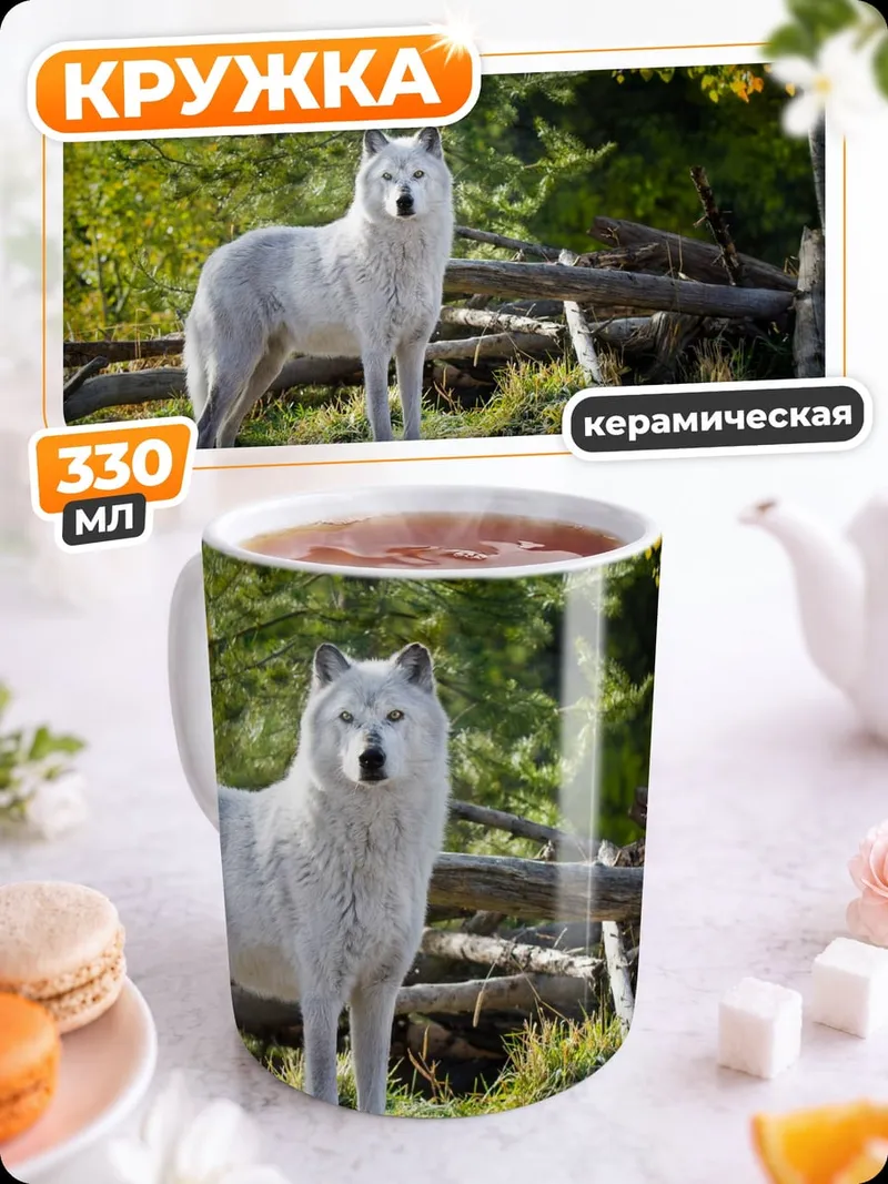 Кружка керамическая белый волк в лесу