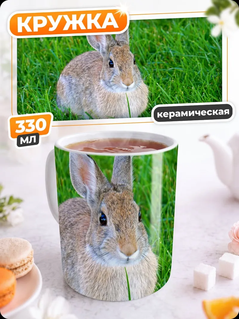 Кружка керамическая кролик на траве