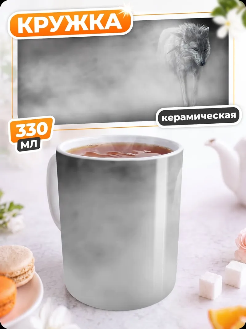 Кружка керамическая белый волк в тумане