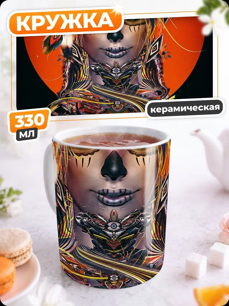 Кружка керамическая Богиня с оранжевым фоном