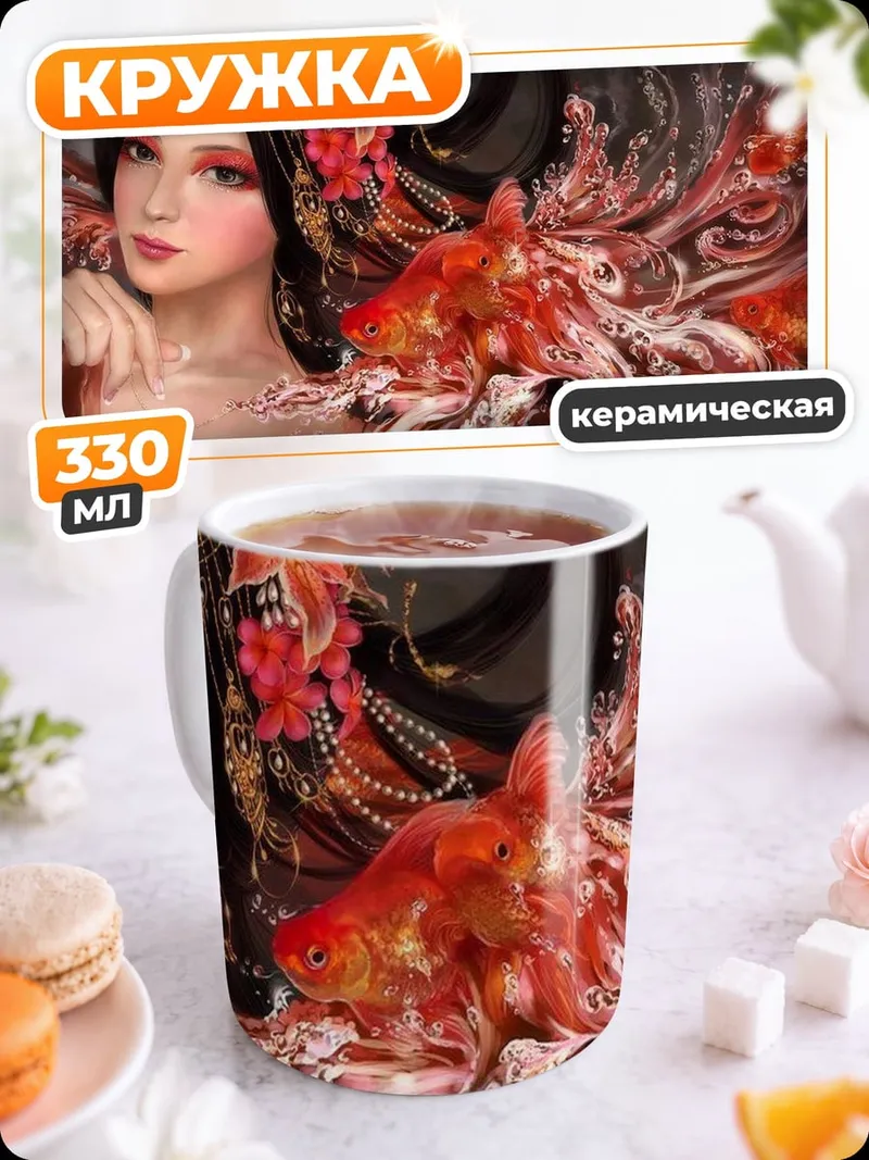 Кружка керамическая девушка с золотой рыбкой