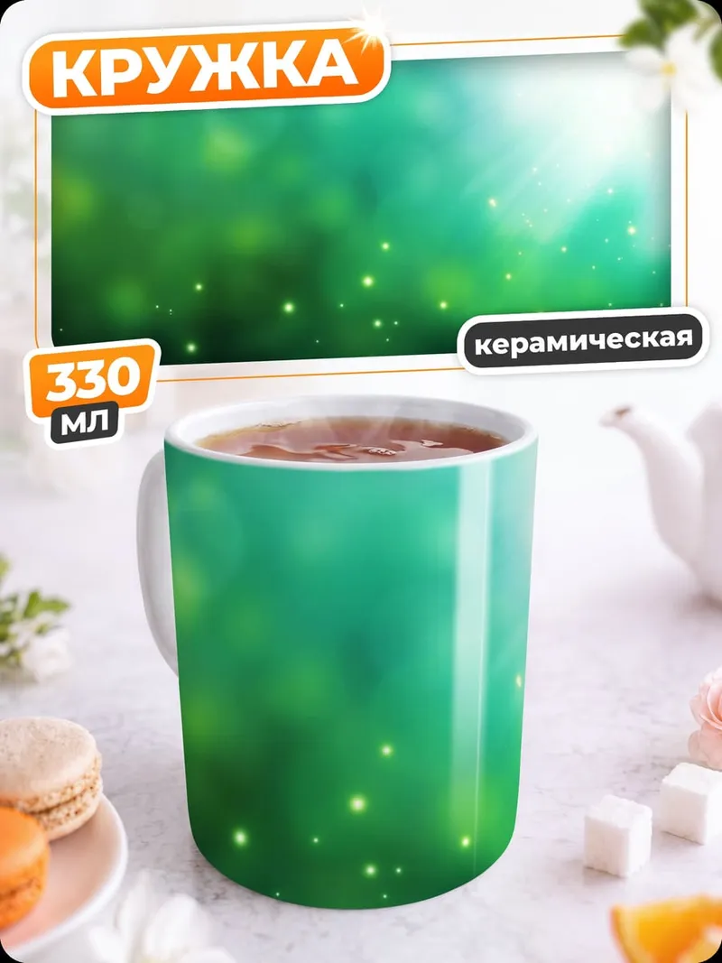 Кружка керамическая зеленый рассвет в лесу