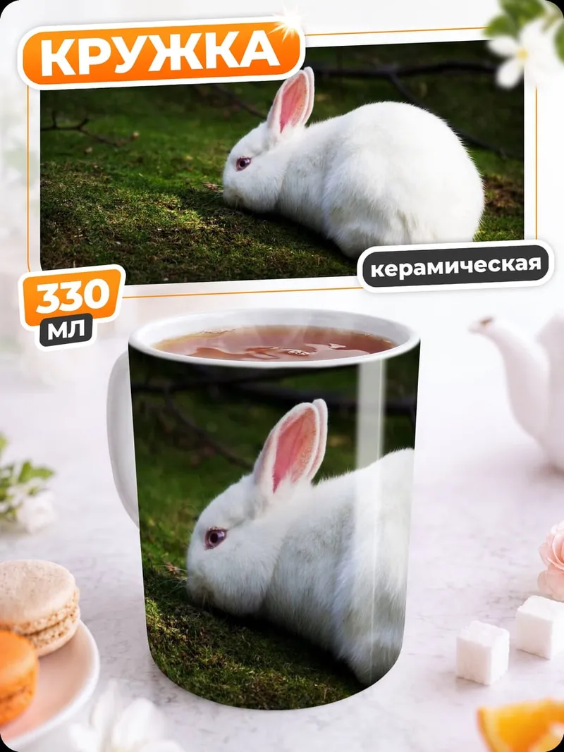 Кружка керамическая Белый кролик на мху