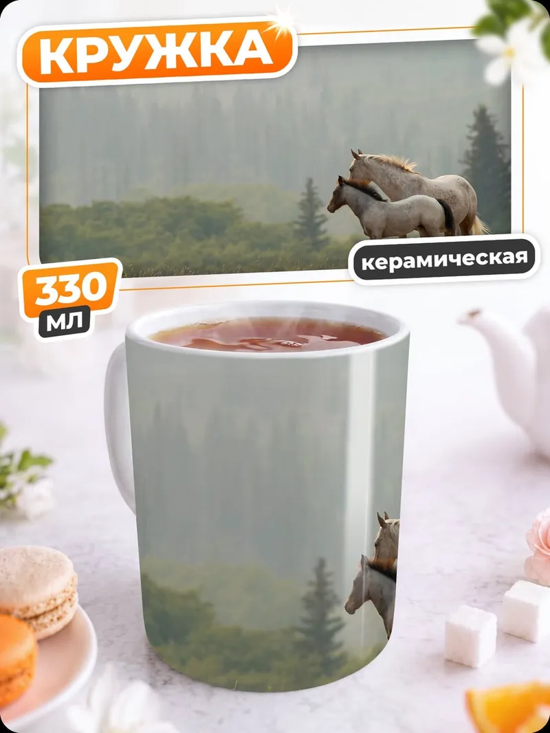 Кружка керамическая Лошади в тумане