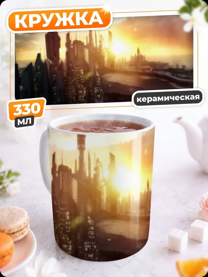 Кружка керамическая Футуристичный город закат