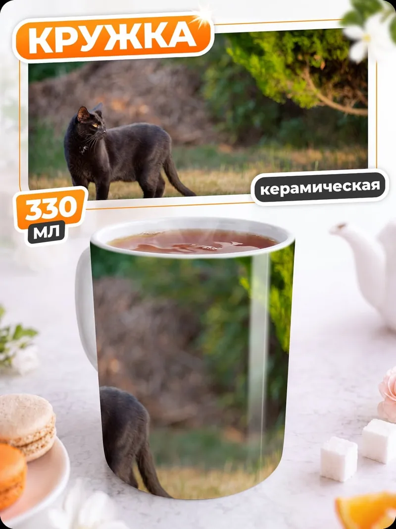 Кружка керамическая Серый кот на траве