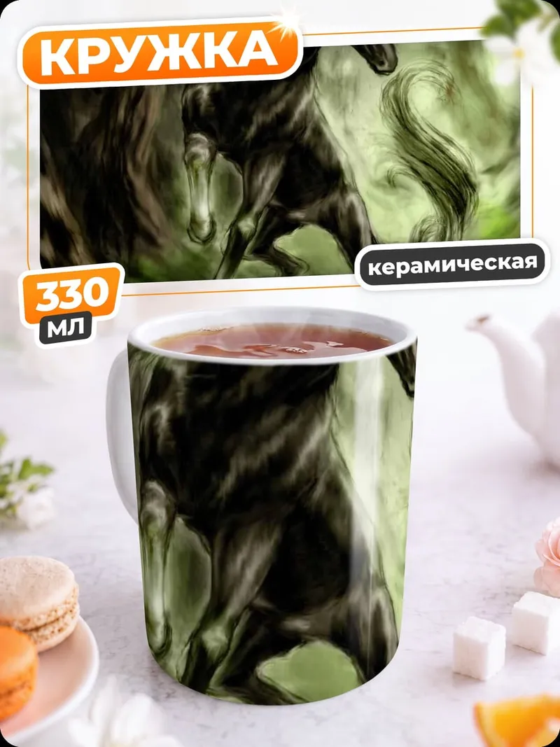 Кружка керамическая Черный конь в лесу