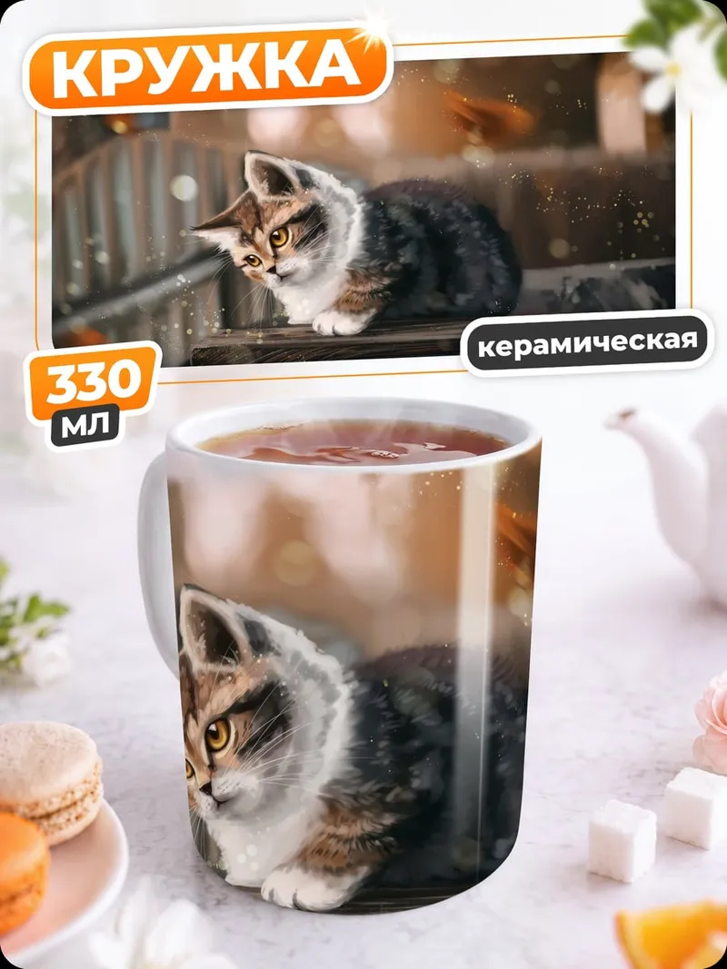 Кружка керамическая Котёнок осенью