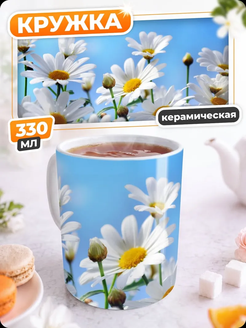 Кружка керамическая Поле ромашек голубое