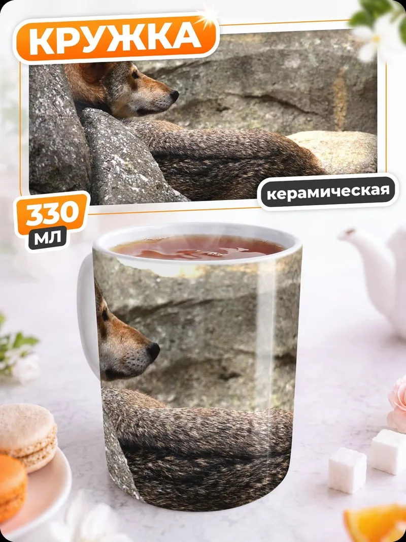 Кружка керамическая Волк на камнях